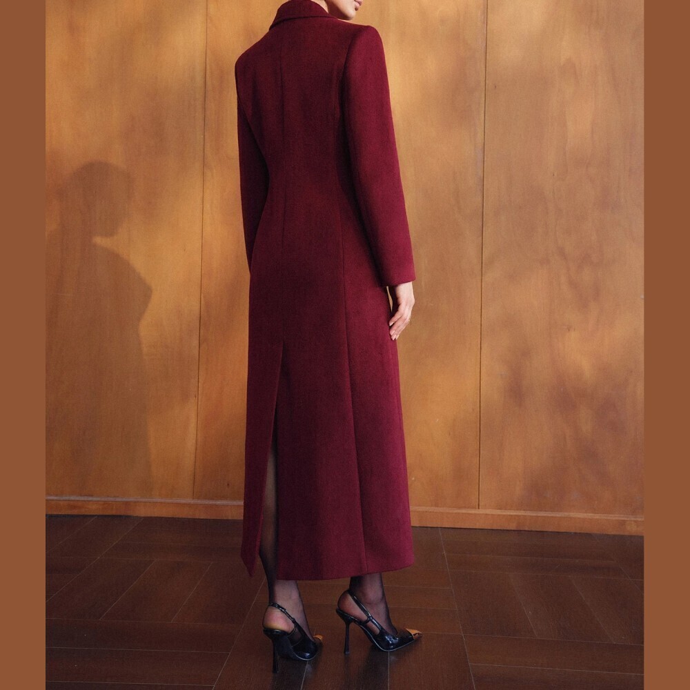 Burgundy Button Front Notch Lapel Long Overcoat - Picture 3 of 6